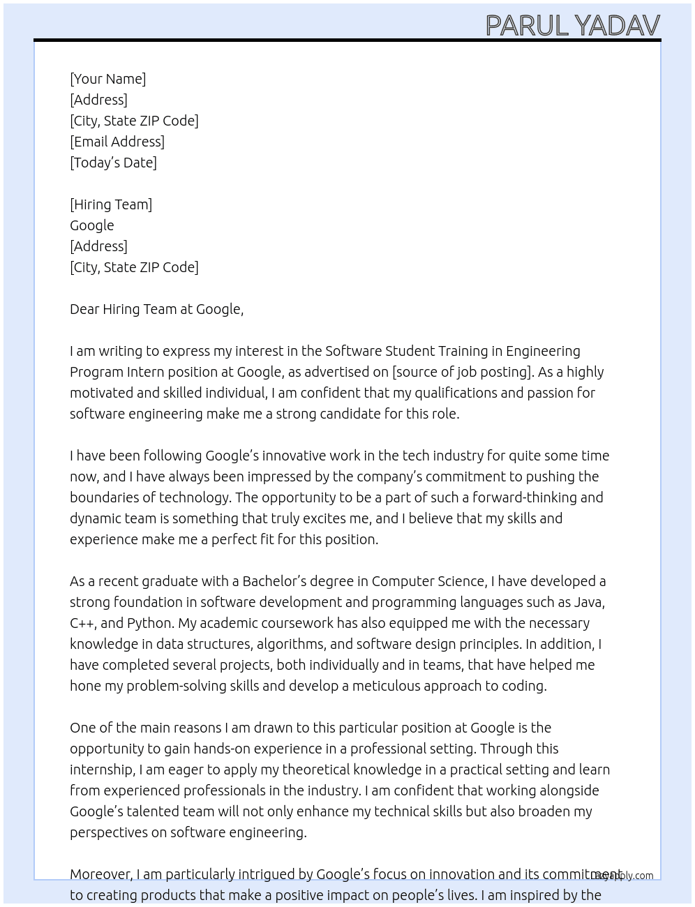 Software student training in engineering program intern At Google Cover Letter