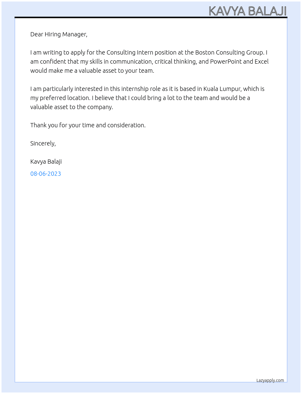 Consulting intern At Boston Consulting Group Cover Letter