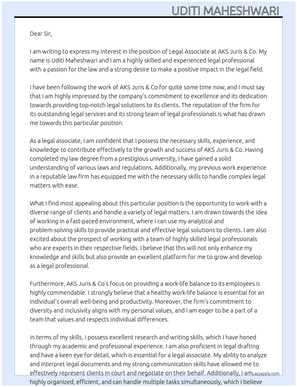 Legal Associate  At AKS Juris & Co Cover Letter