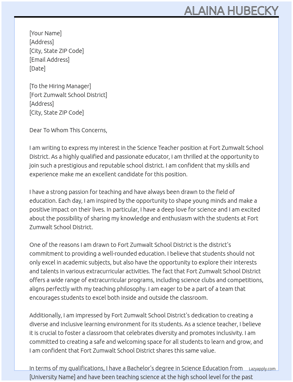 Science Teacher At Fort Zumwalt School District Cover Letter