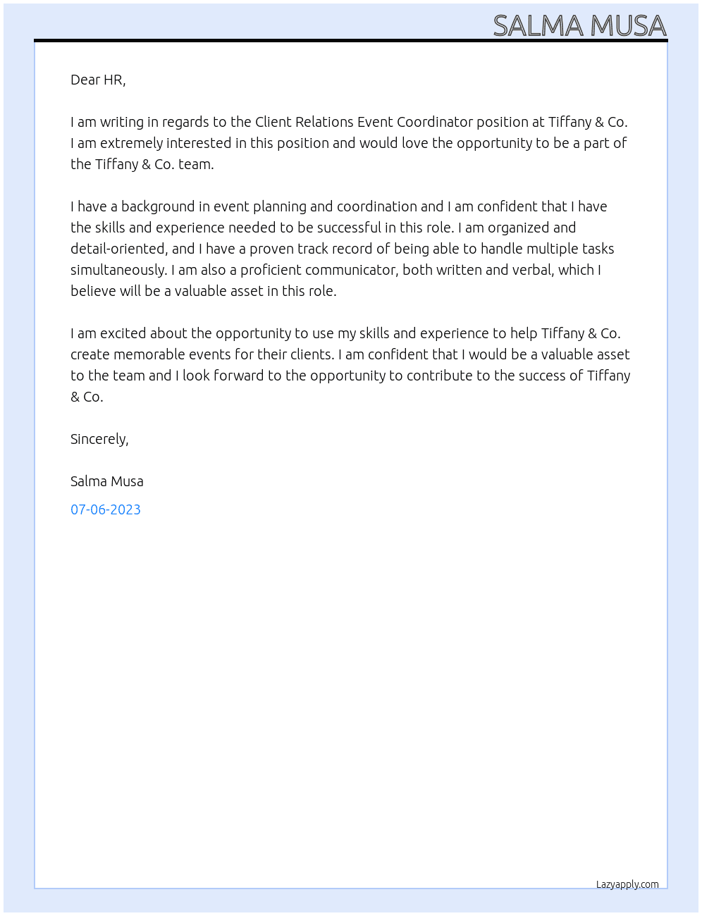 Client Relations Event Coordinator At Tiffany & Co Cover Letter