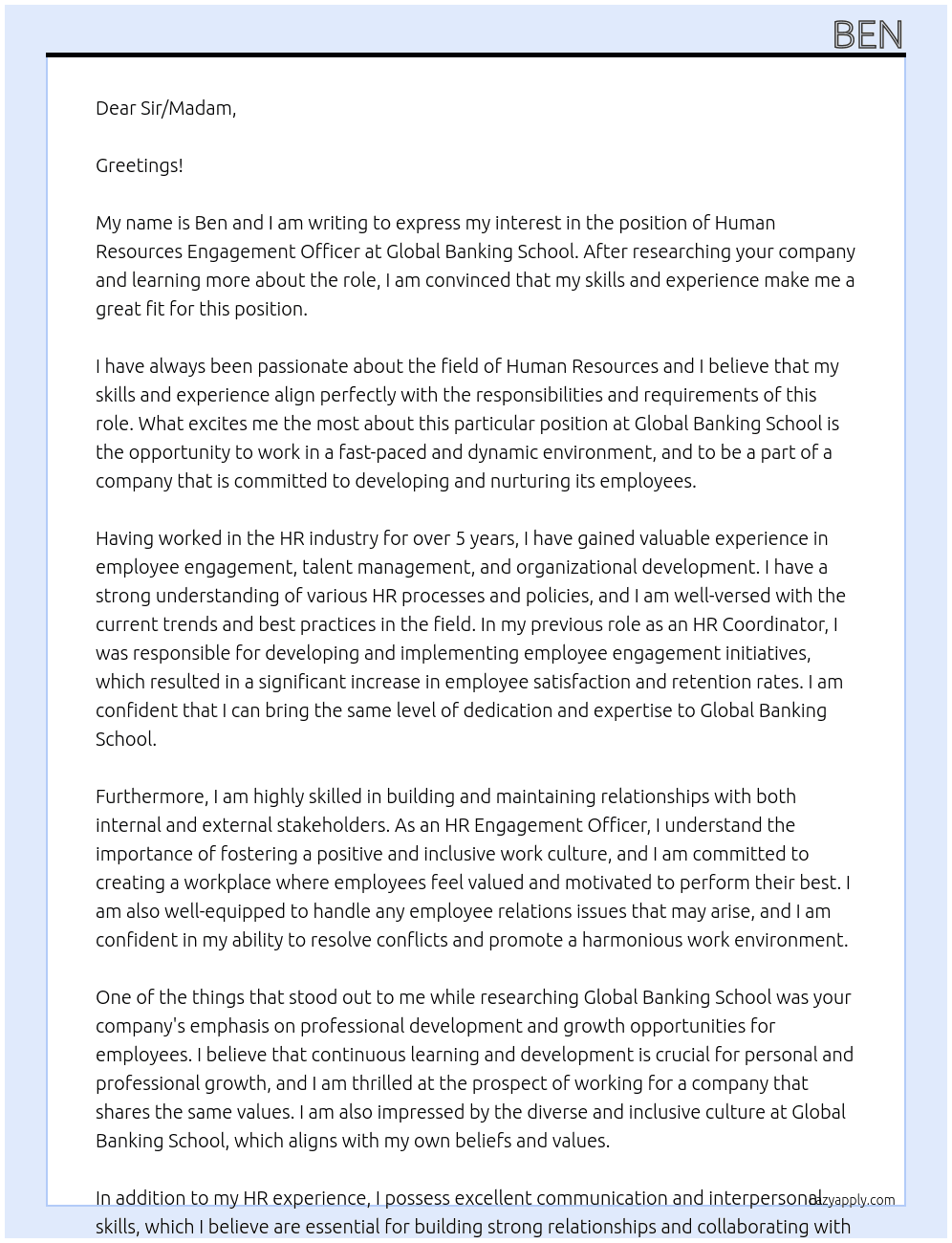 Human Resources Engagement Officer At Global Banking School Cover Letter
