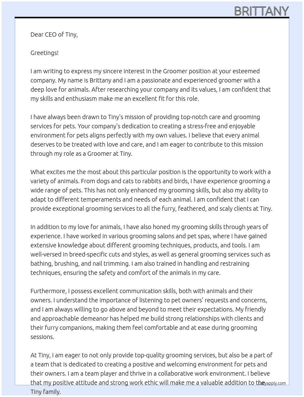 Groomer At Tiny Cover Letter