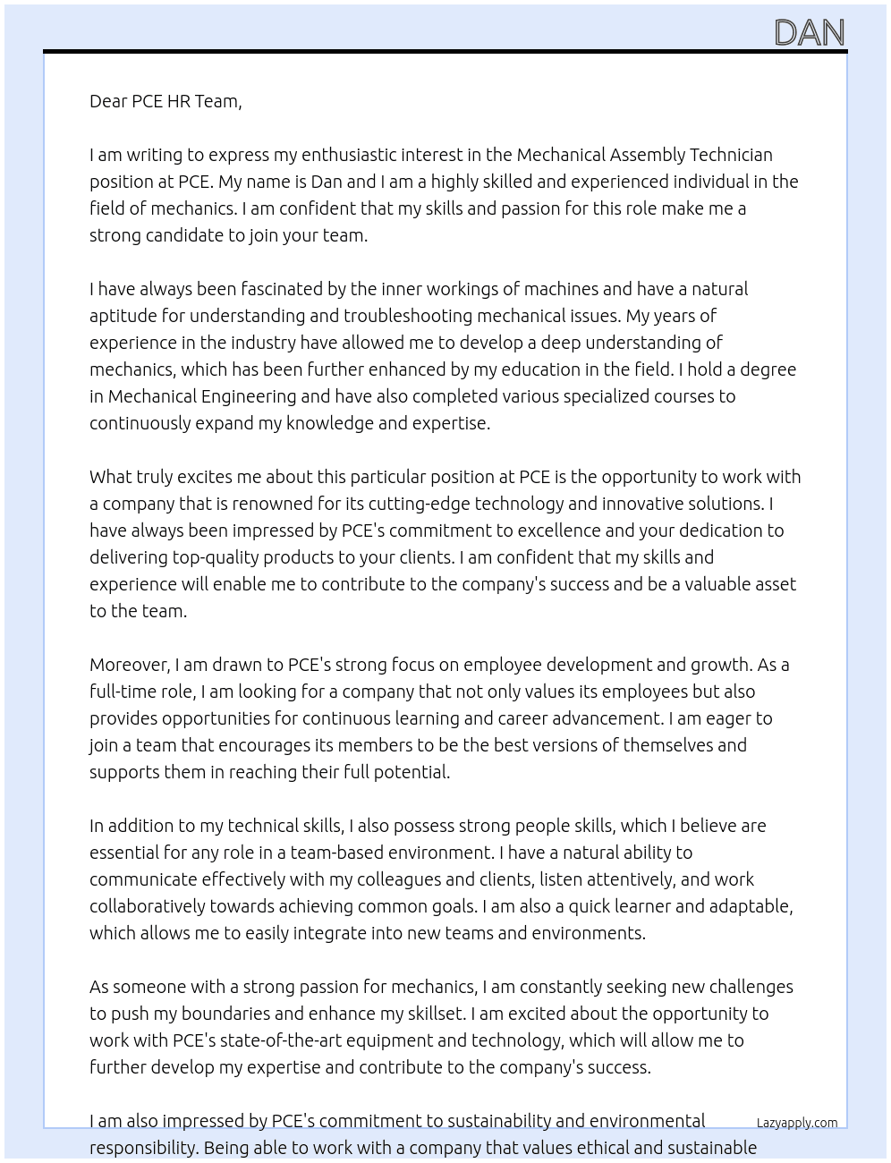 Mechanical assembly technician  At PCE Cover Letter