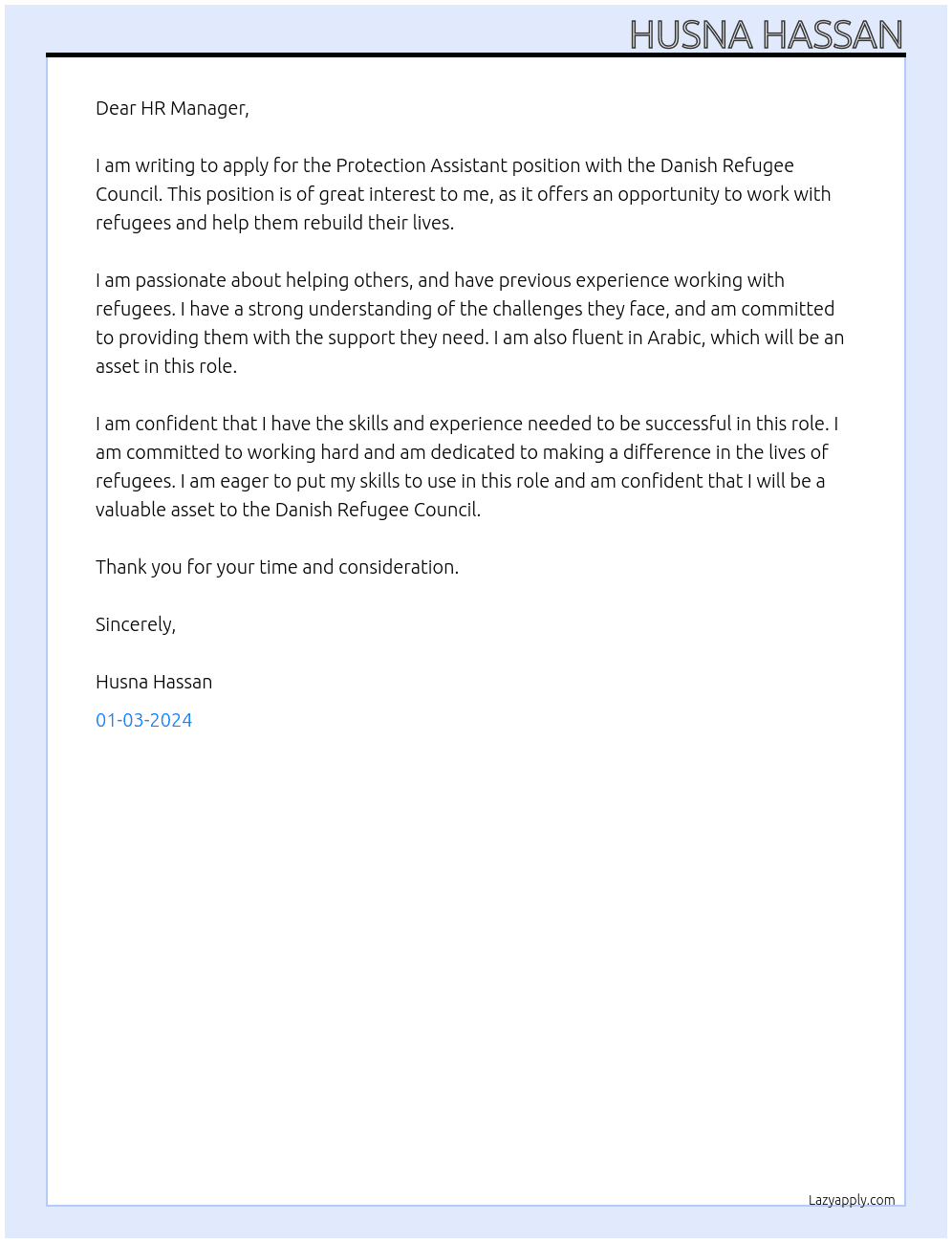 Protection Assistant  At Danish Refugee Council Cover Letter