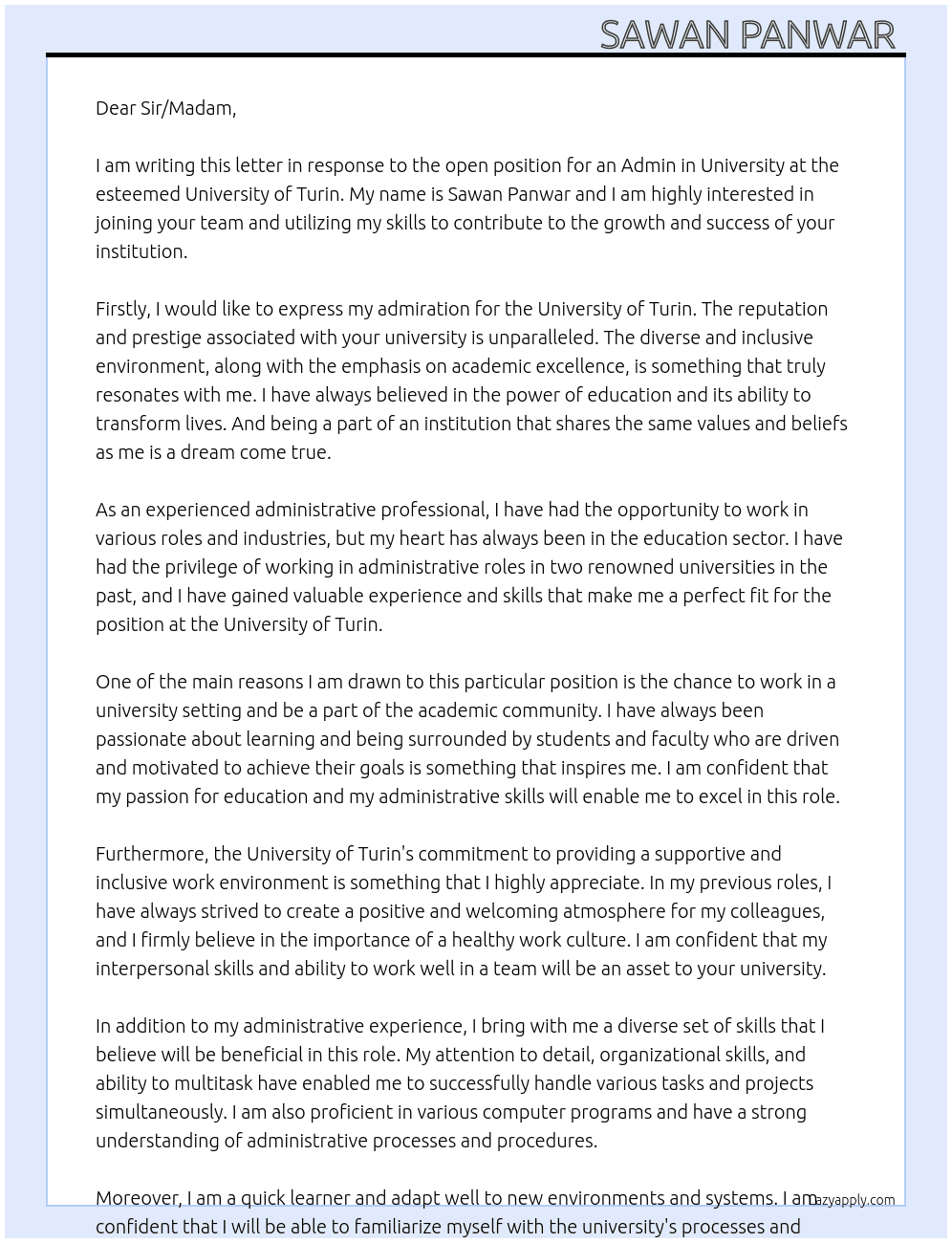 Admin in University  At University of Turin  Cover Letter