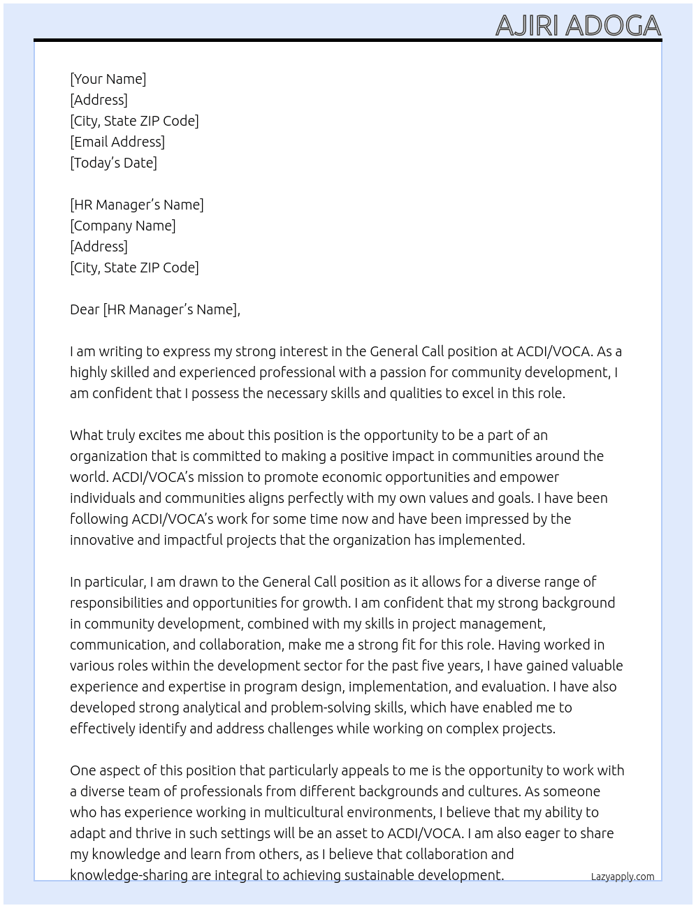 General Call At ACDI/VOCA Cover Letter