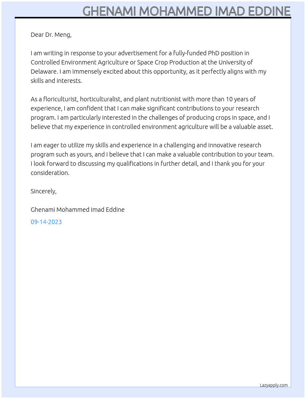 Fully Funded  PhD Position in Controlled Environment Agriculture or Space Crop Production At  at University of Delaware, United States Cover Letter