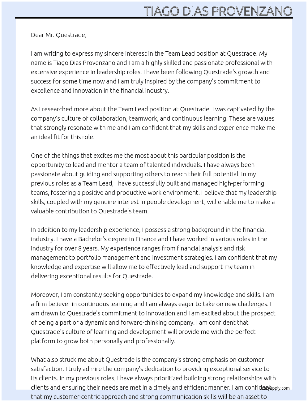 Team Lead At Questrade Cover Letter