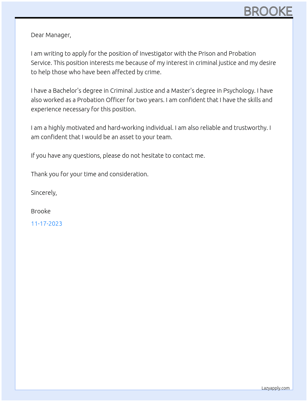 Investigator  At Prison and Probation service  Cover Letter