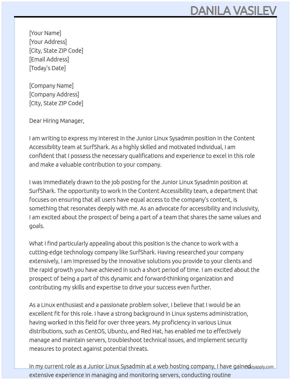 Junior Linux Sysadmin (Content Accessibility team) At SurfShark Cover Letter