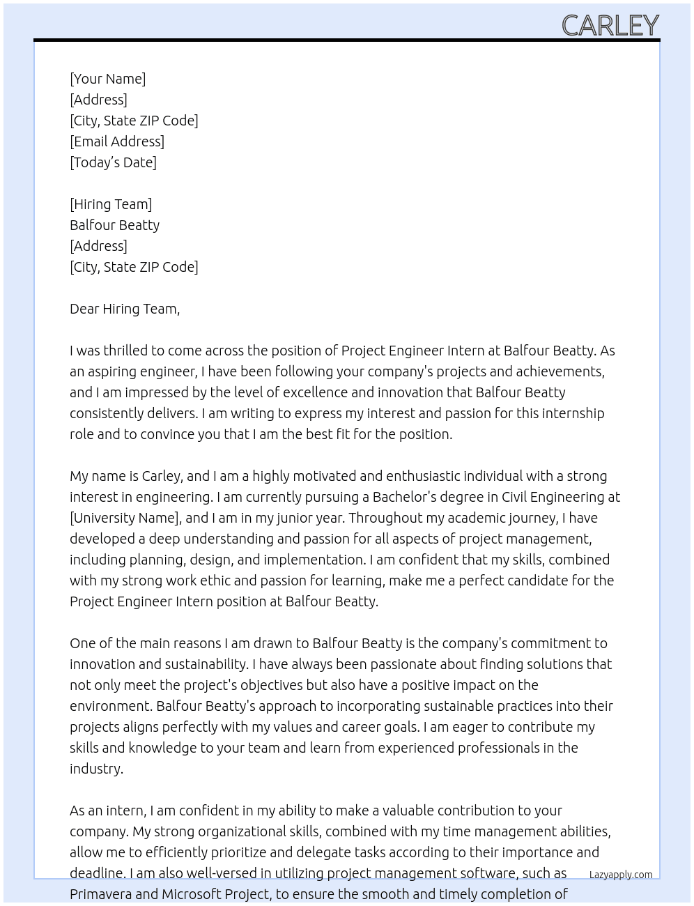 Project Engineer Intern At Balfour Beatty Cover Letter