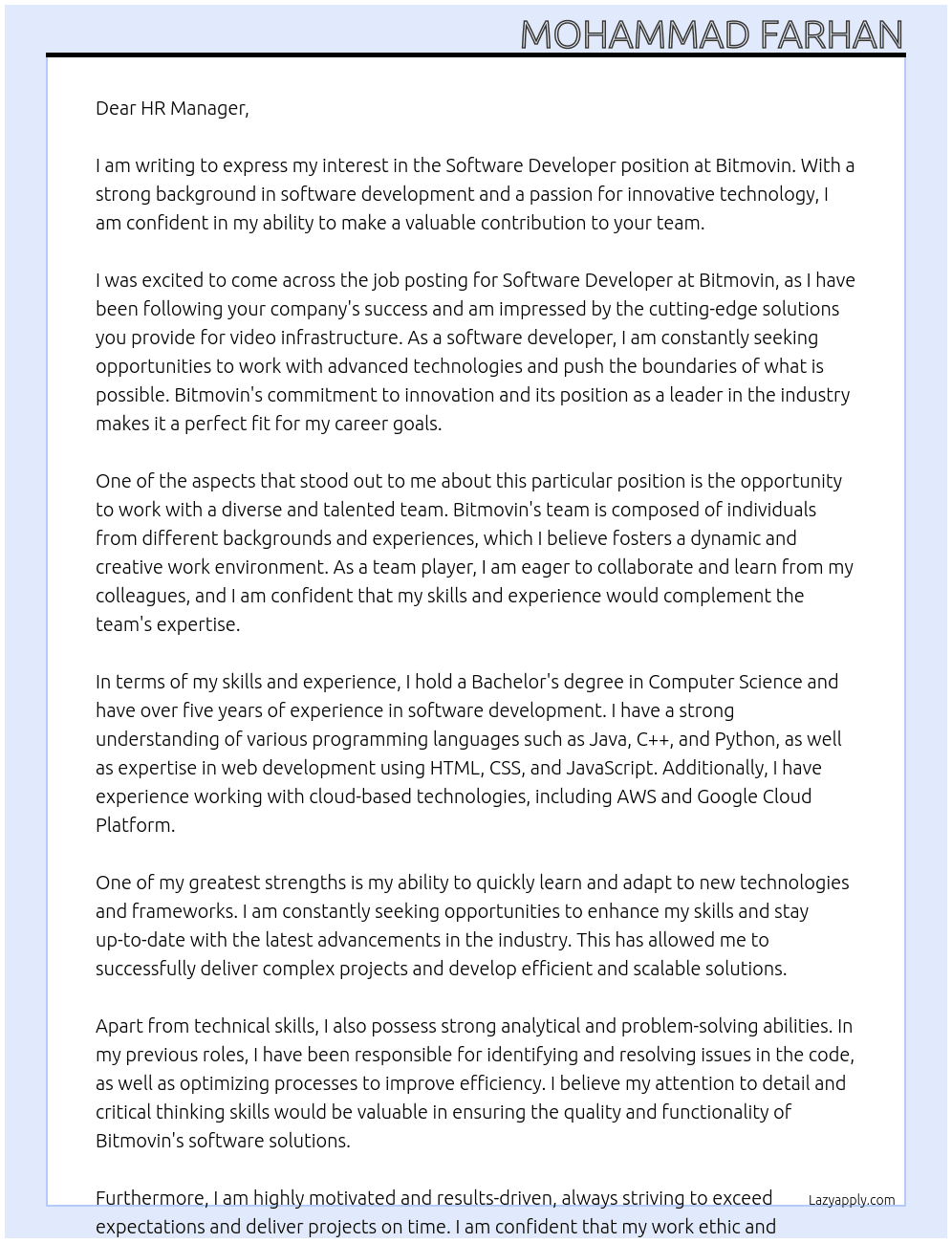 Software Developer At Bitmovin  Cover Letter