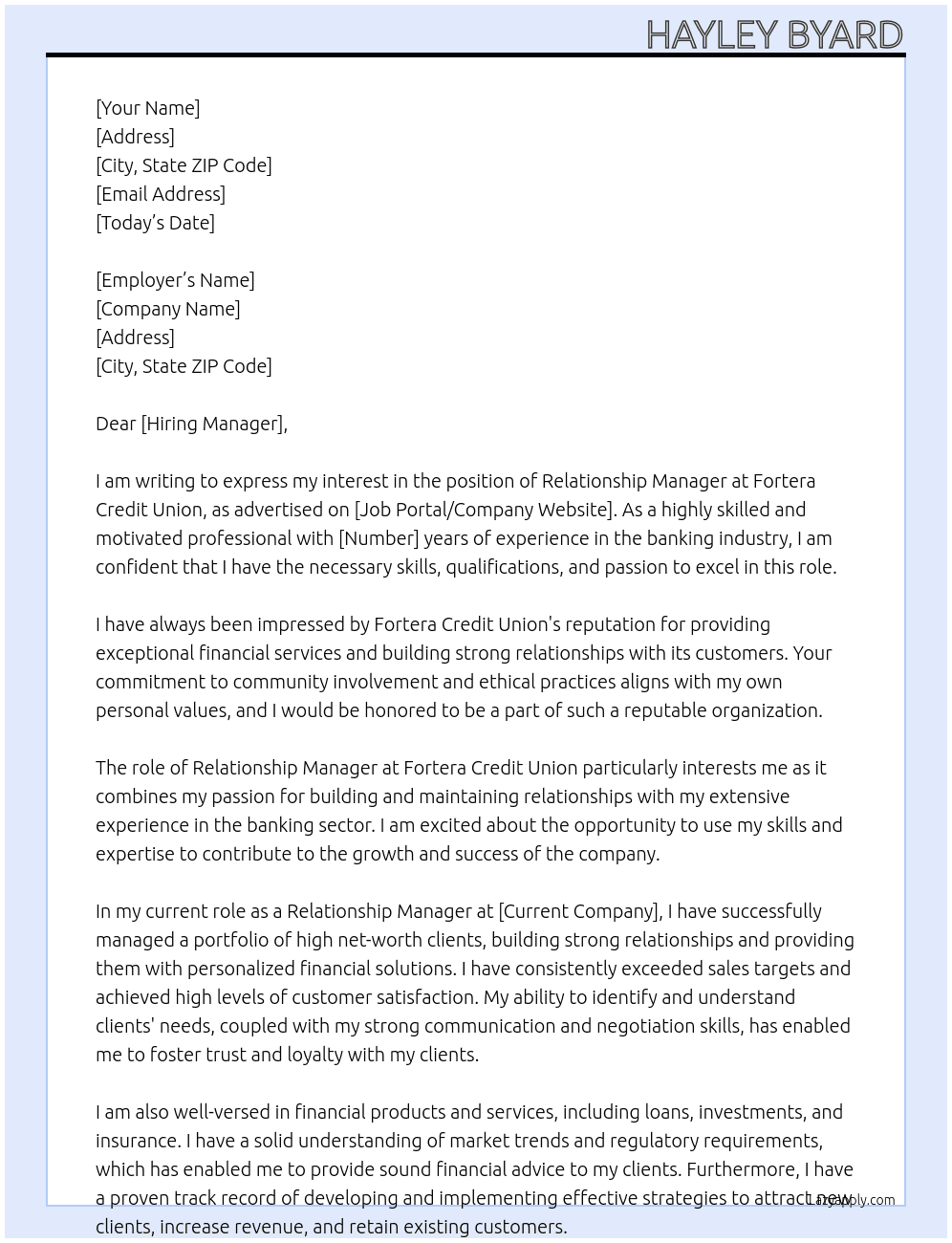 Relationship Manager At Fortera Credi Union Cover Letter
