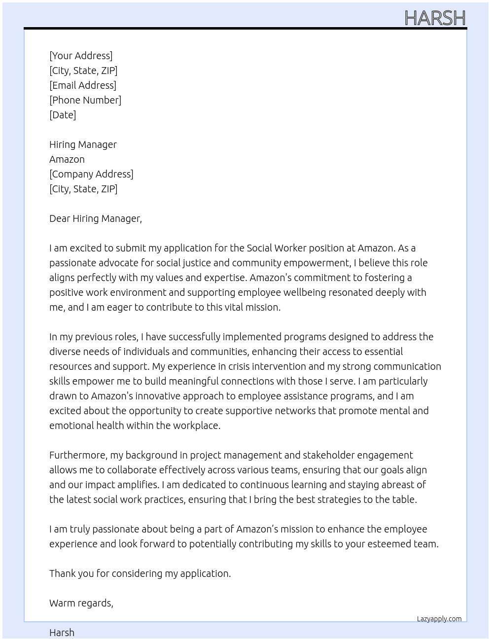 Social Worker  At Amazon Cover Letter
