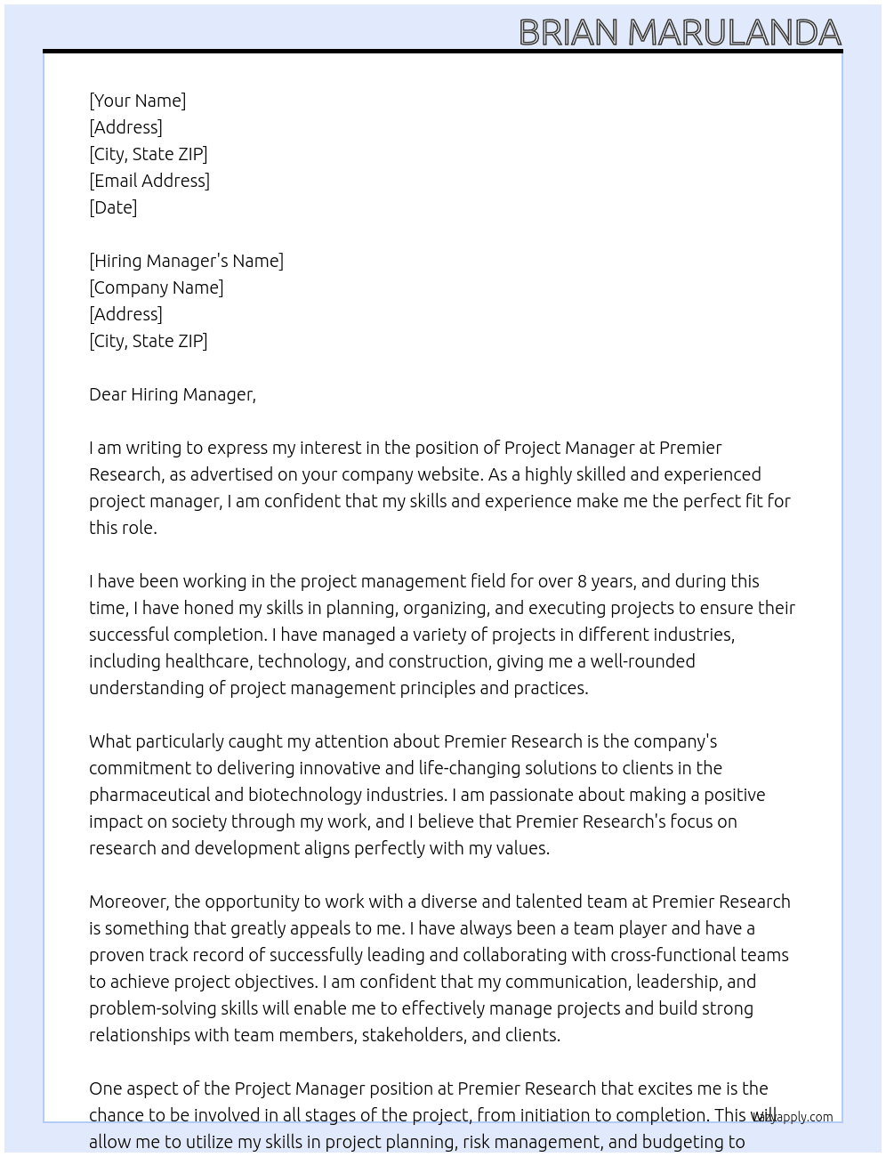 Project Manager At Premier Research Cover Letter