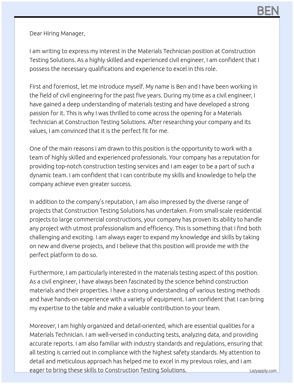 Materials technician  At Construction testing solutions Cover Letter