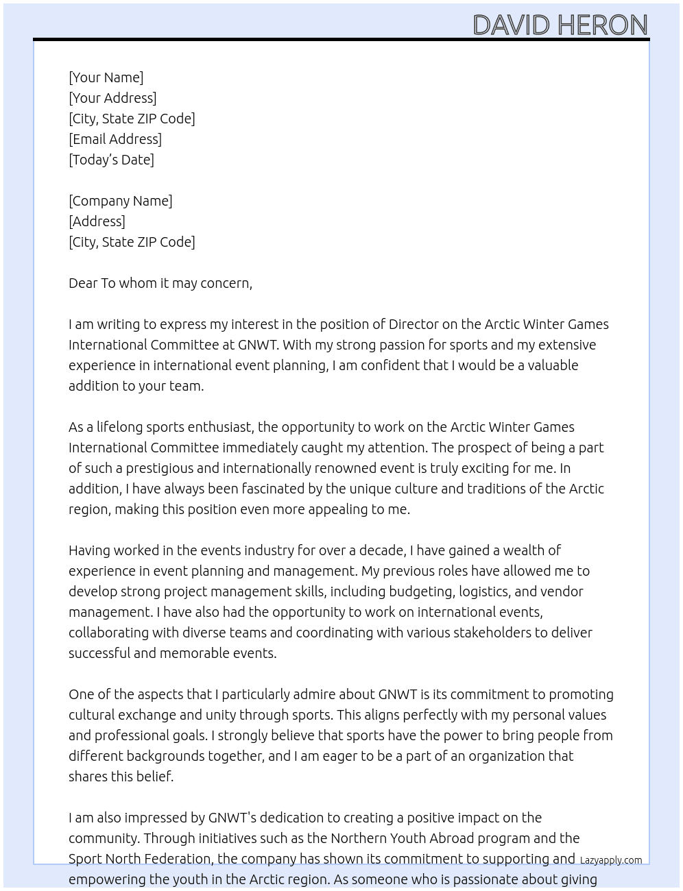 Director on the Arctic Winter Games International Committee At GNWT Cover Letter