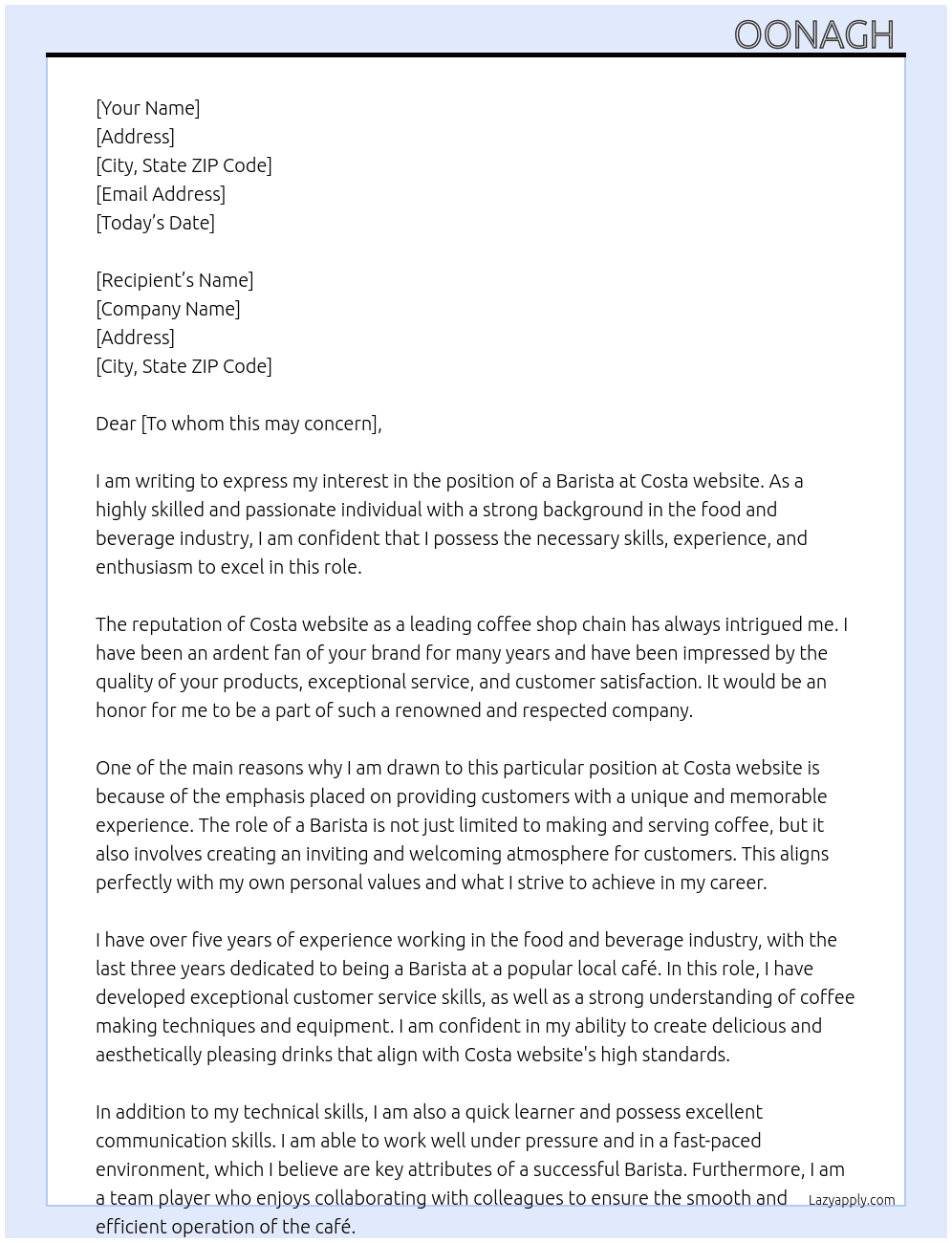 Barista  At Costa website  Cover Letter