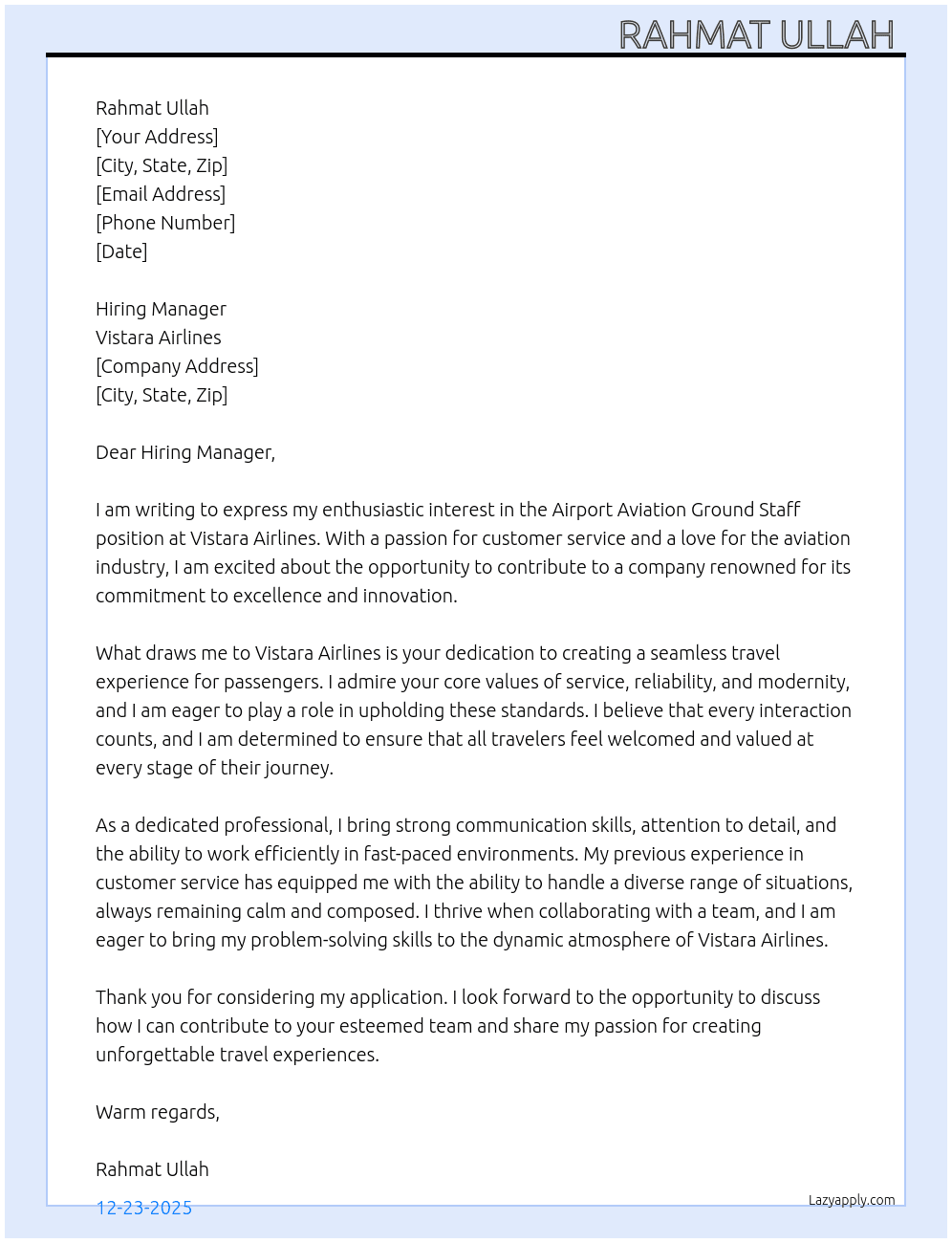 Airport aviation Ground staff  At Vistara airlines  Cover Letter