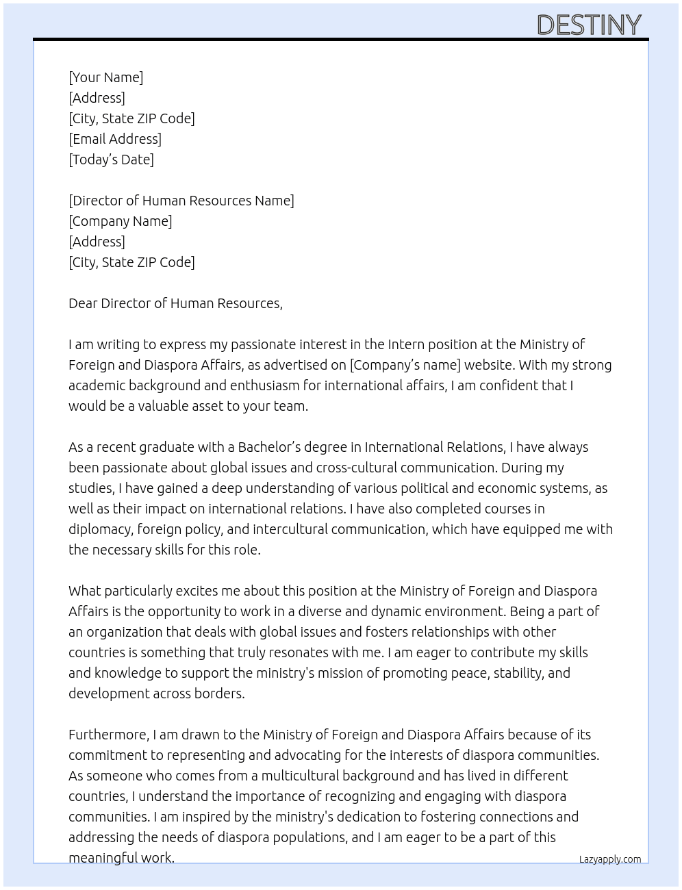Intern At Ministry of Foreign and Diaspora Affairs Cover Letter