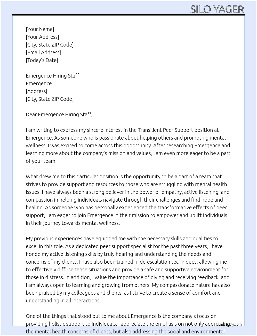 Transilient Peer Support At Emergence Cover Letter