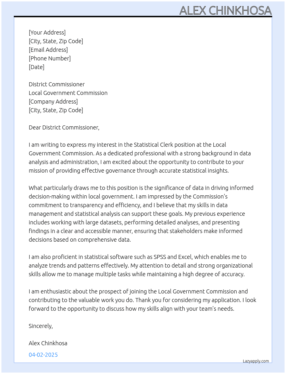 STATISTICAL CLERK At LOCAL GOVERNMENT COMMMISSION Cover Letter