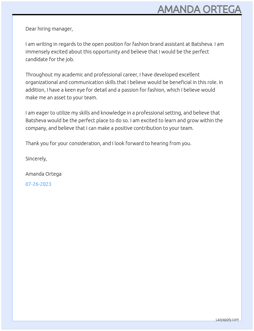 fashion brand assistant At batsheva Cover Letter