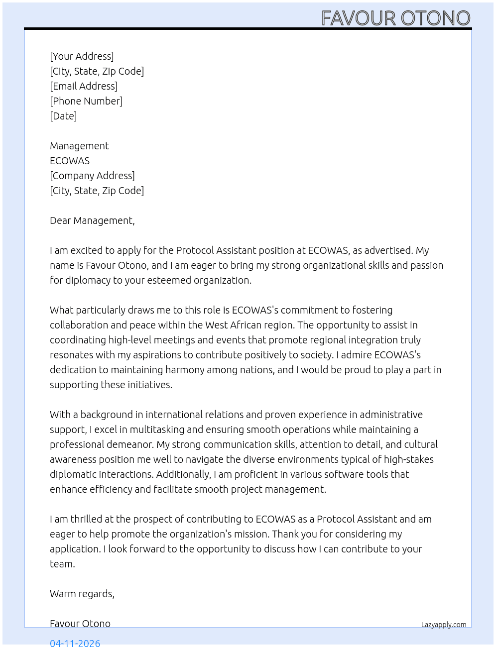 Protocol Assistant At ECOWAS Cover Letter