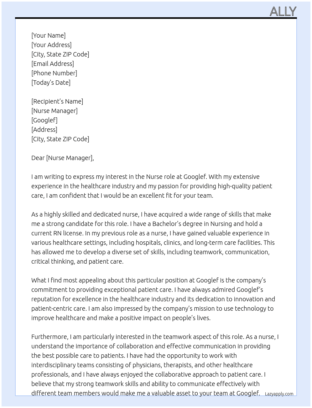 Nurse At Googlf Cover Letter