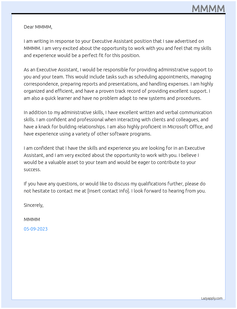 Executive assistant At MMMM Cover Letter