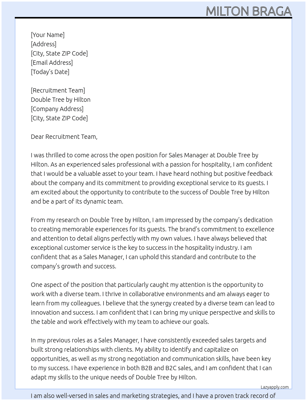 Sales Manager At Double Tree by Hilton Cover Letter
