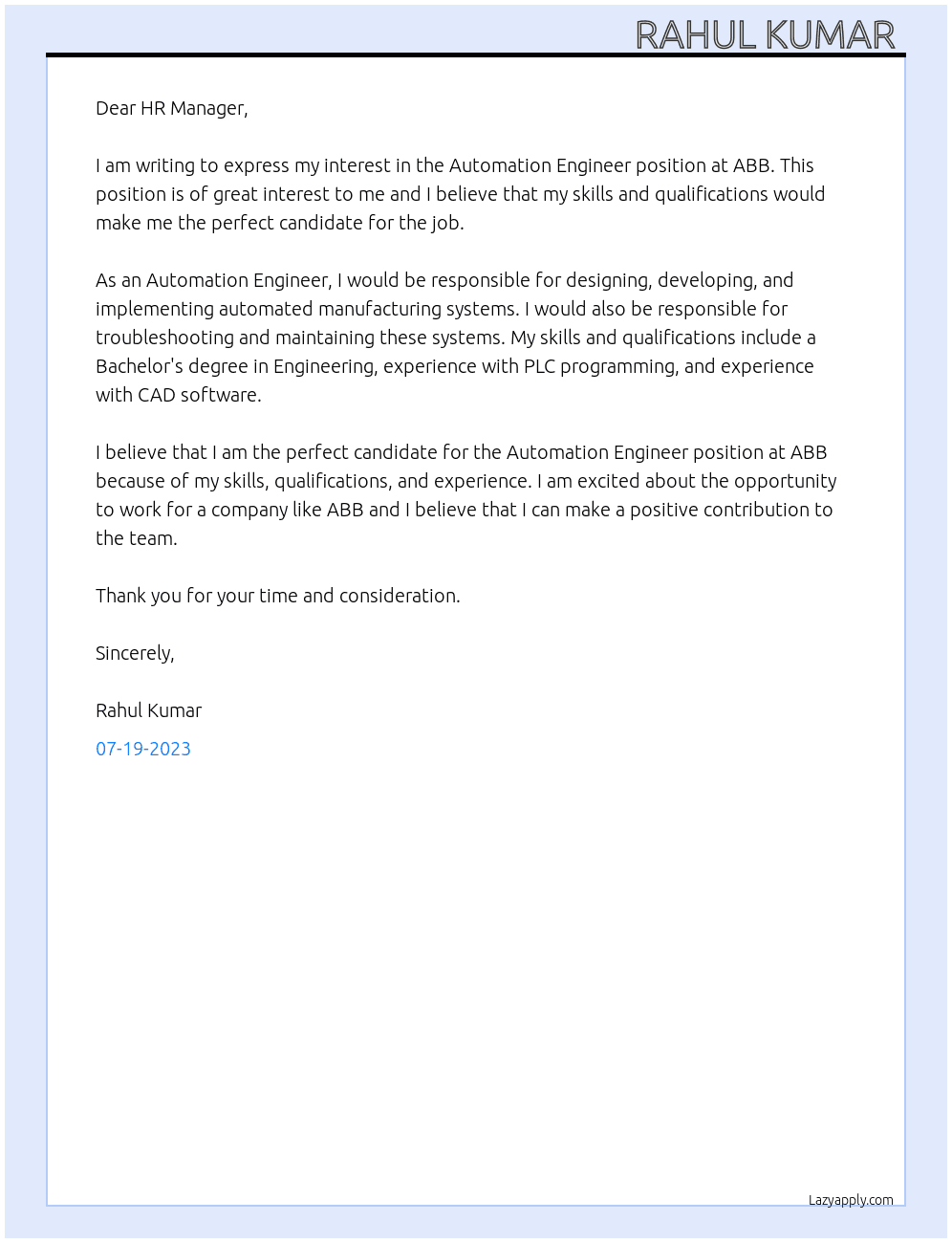Automation Engineer At ABB Cover Letter