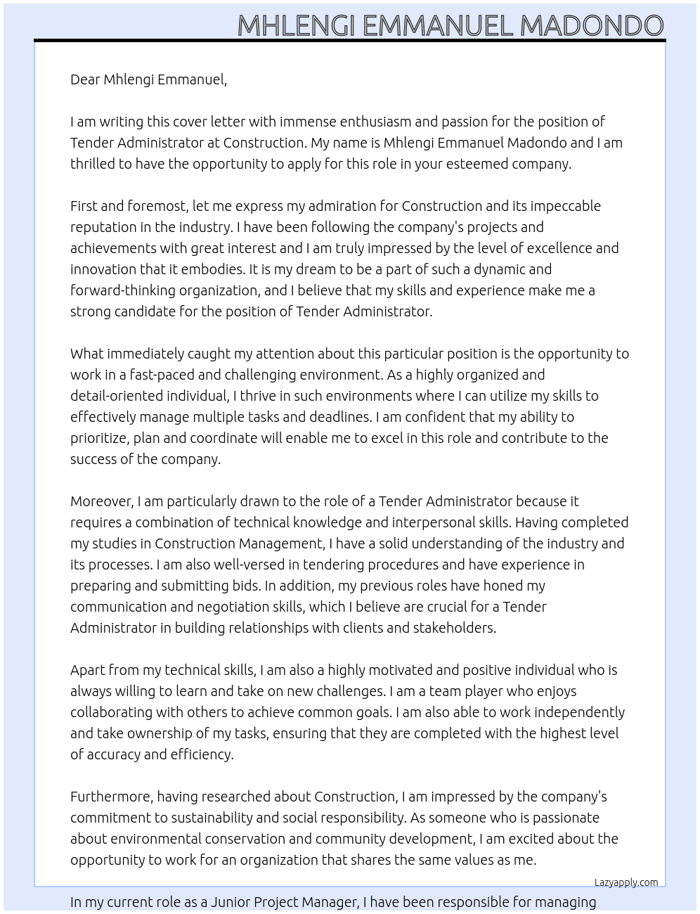 Tender Administrator At Construction Cover Letter