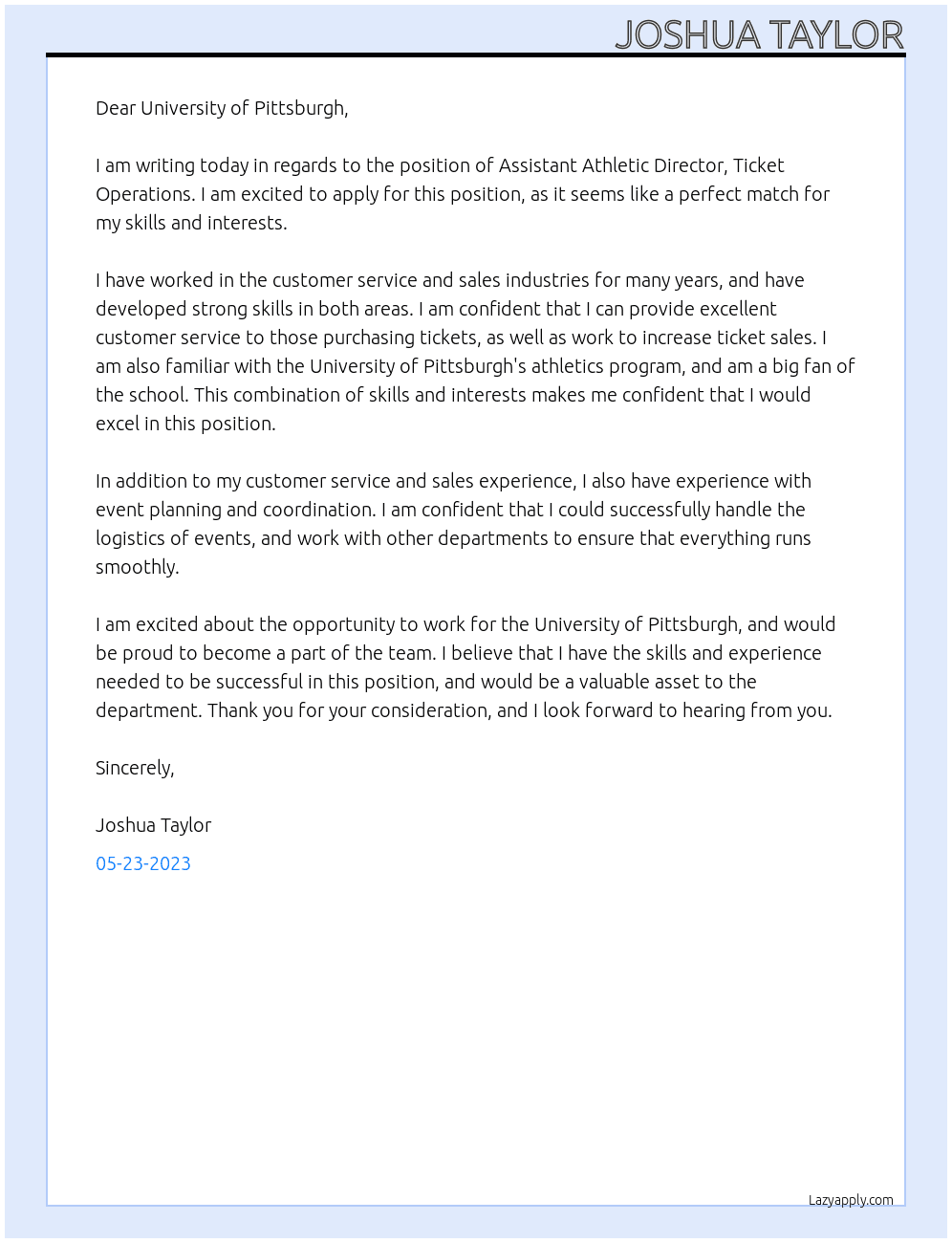 Assistant Athletic Director, Ticket Operations At University of Pittsburgh Cover Letter