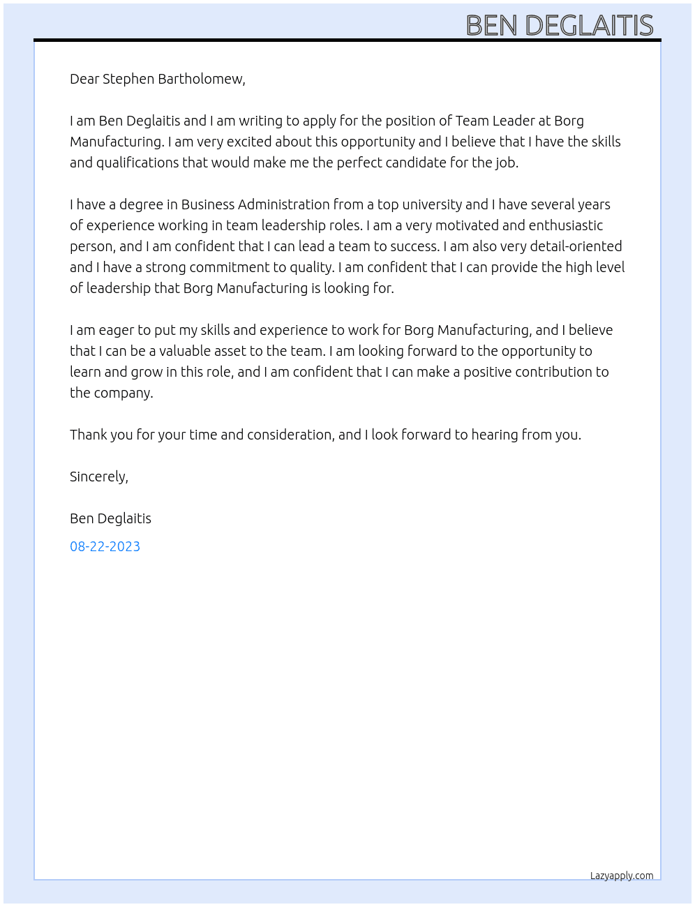Team Leader At Borg Manufacturing  Cover Letter
