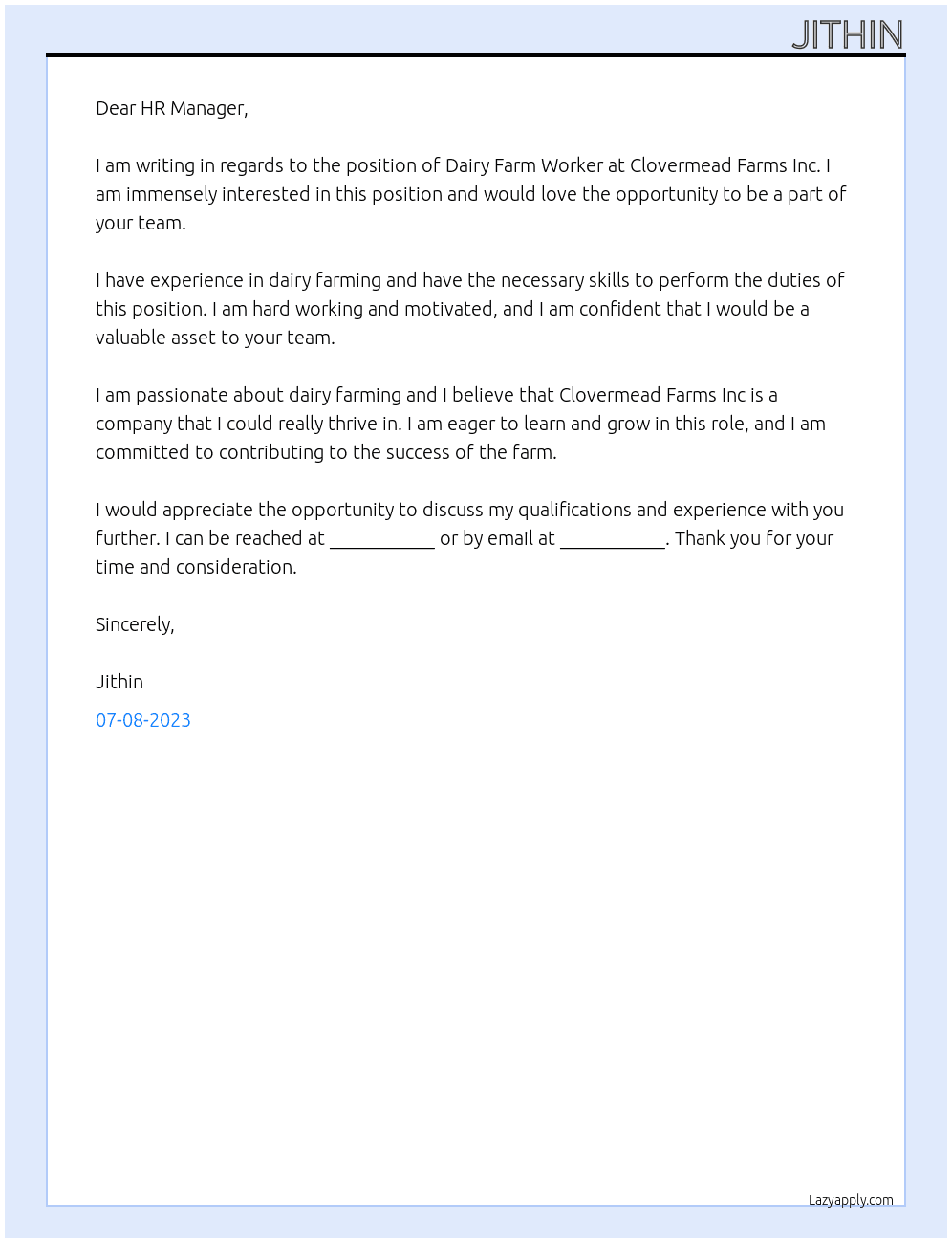 Dairy farm worker  At Clovermead Farms Inc Cover Letter