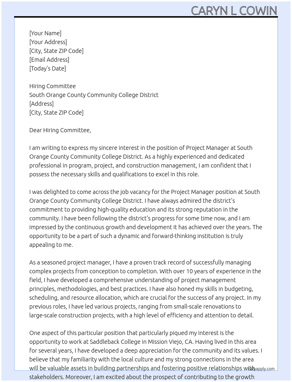 Project Manager At South Orange County Community College District. Cover Letter