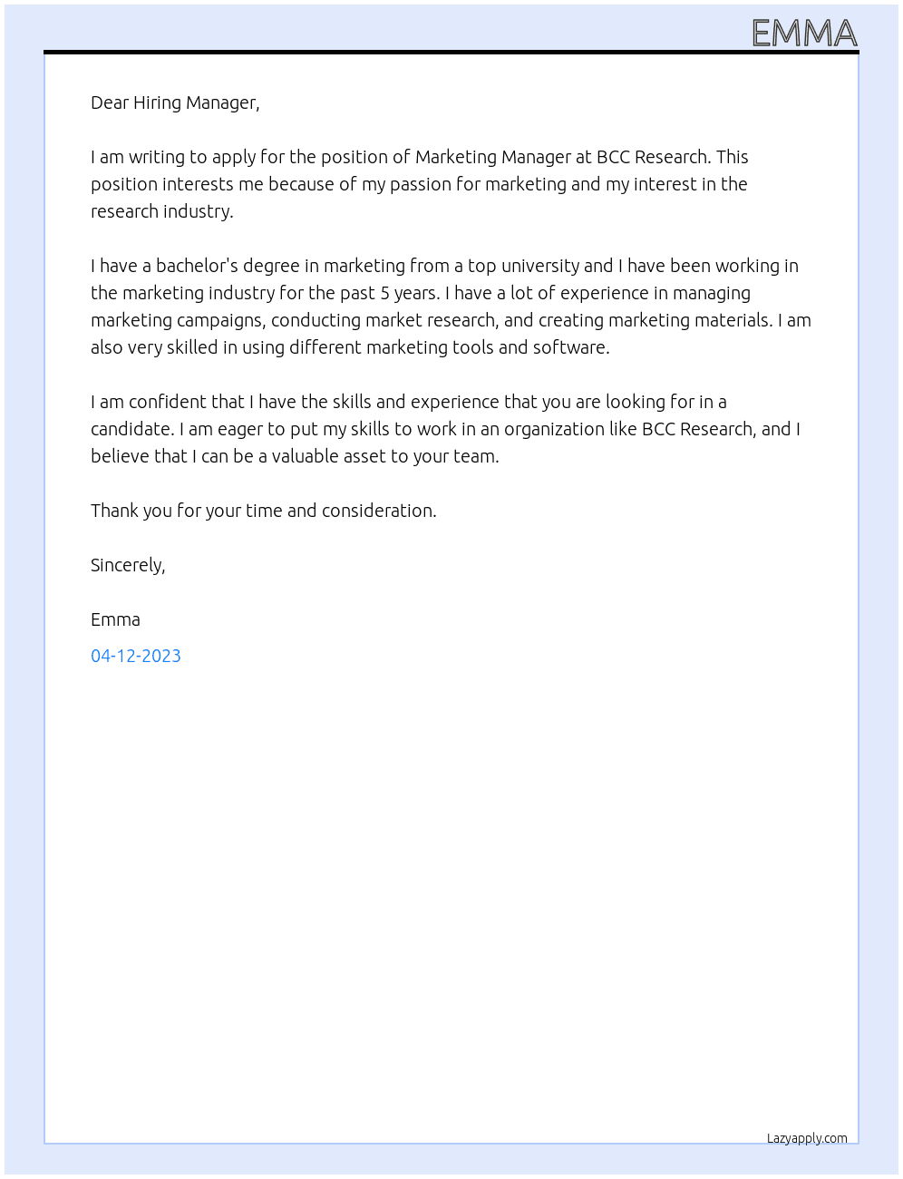 Marketing Manager At BCC Research  Cover Letter