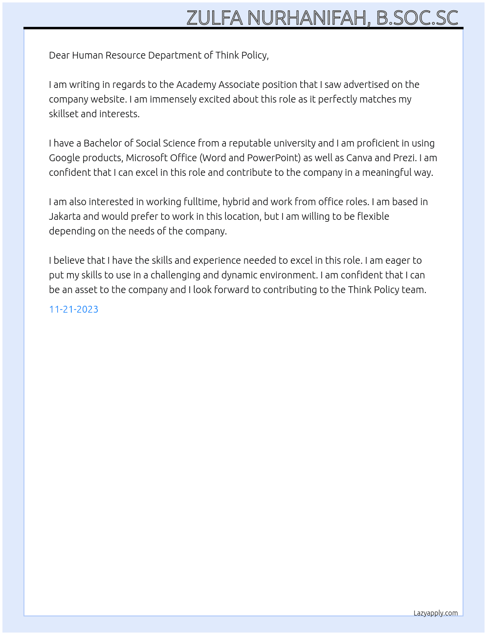 Academy Associate At Think Policy Cover Letter