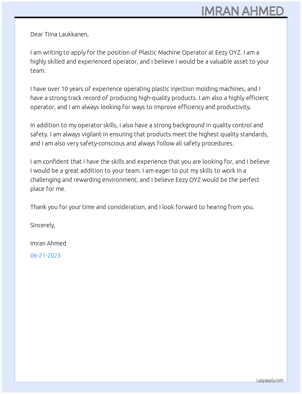 Plastic Machine Operator  At Eezy OYZ Cover Letter