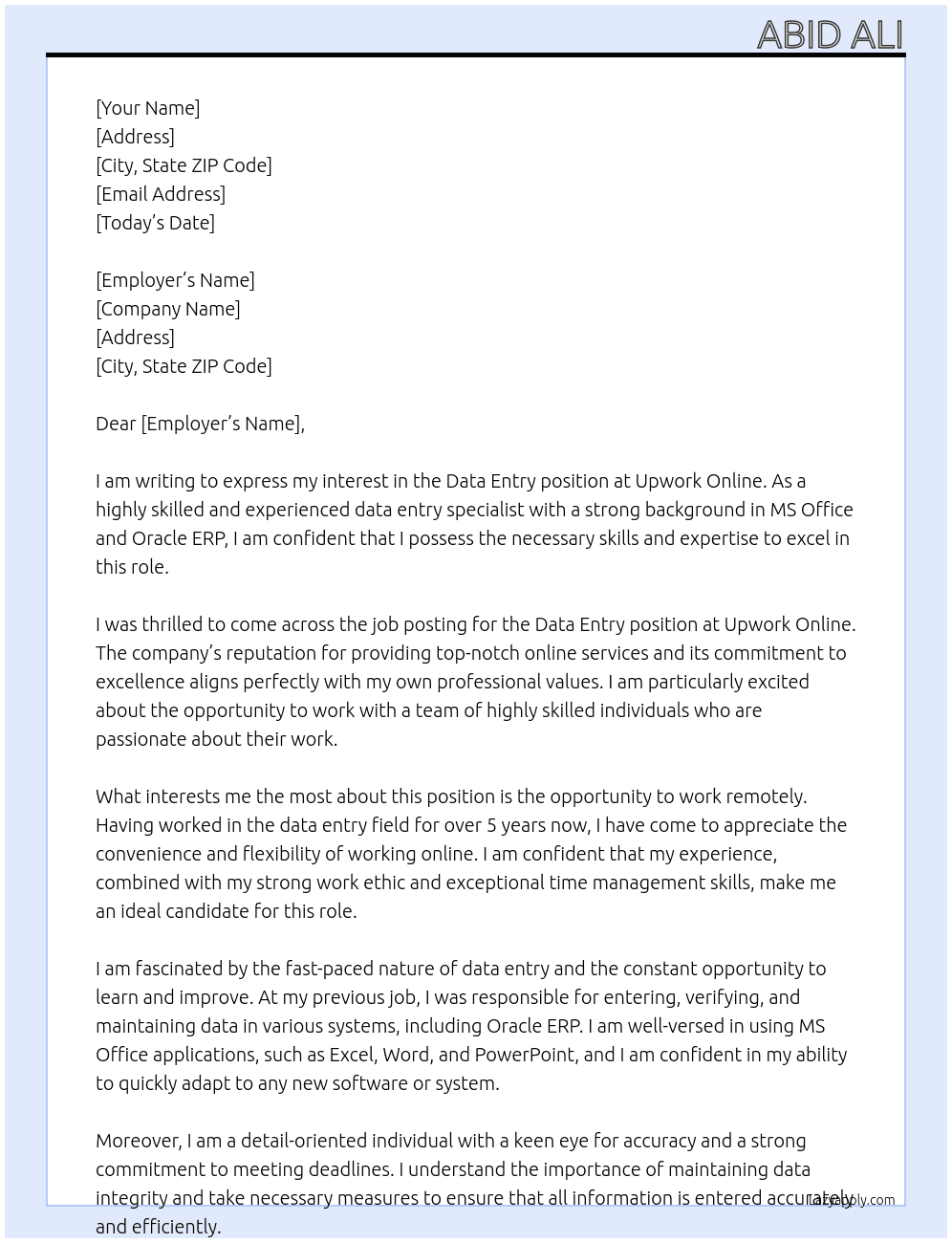 Data Entry  At Upwork Online Cover Letter
