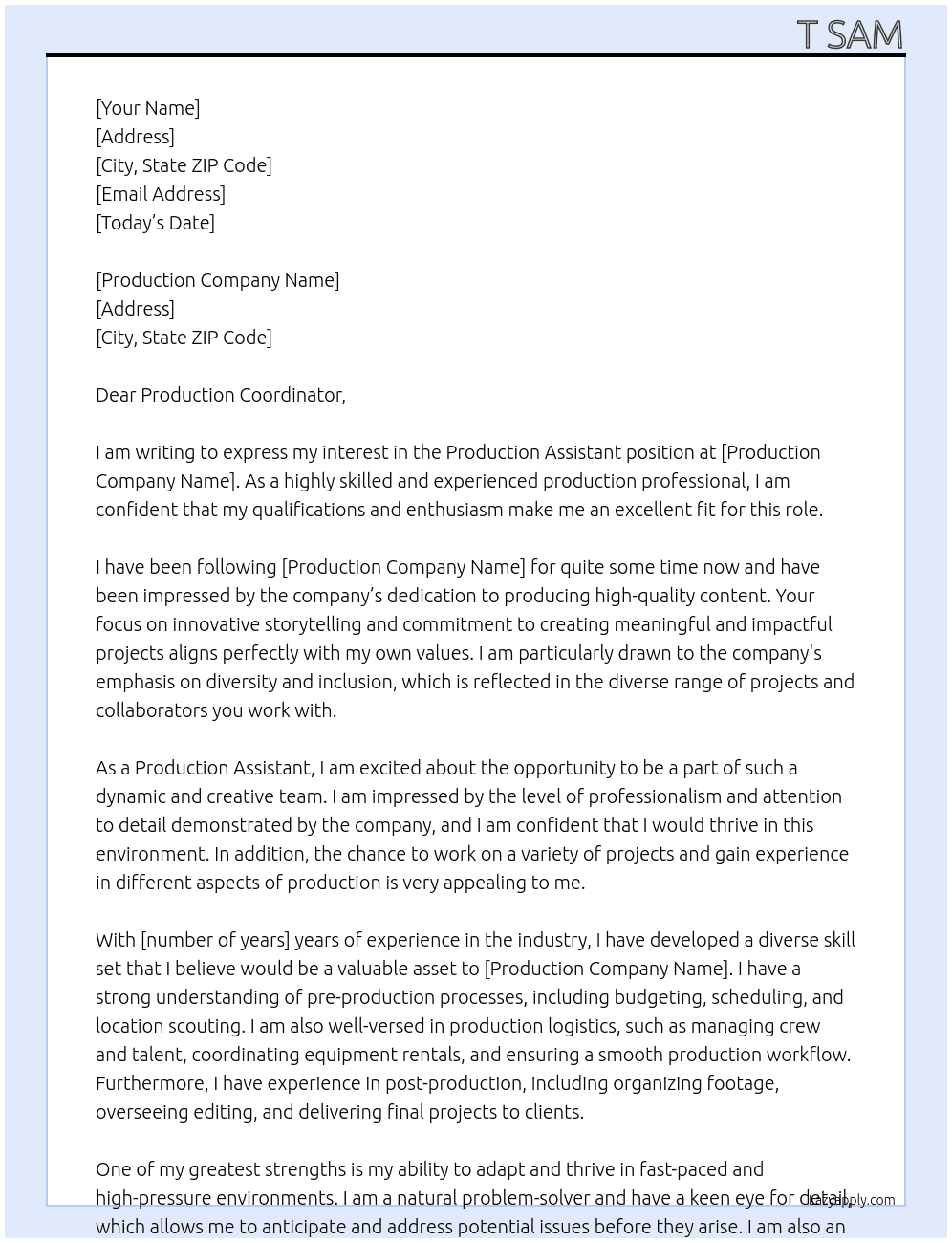 Production Assistant At Production Company Cover Letter