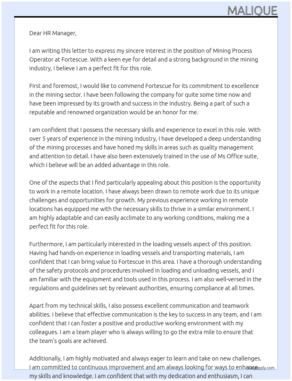 Mining Process Operator  At Fortescue  Cover Letter