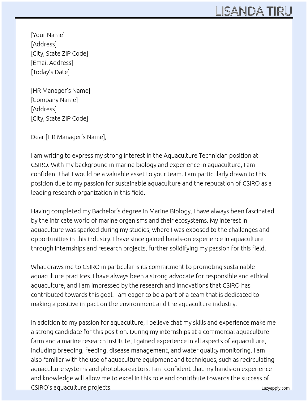 Aquaculture Technician At CSIRO Cover Letter