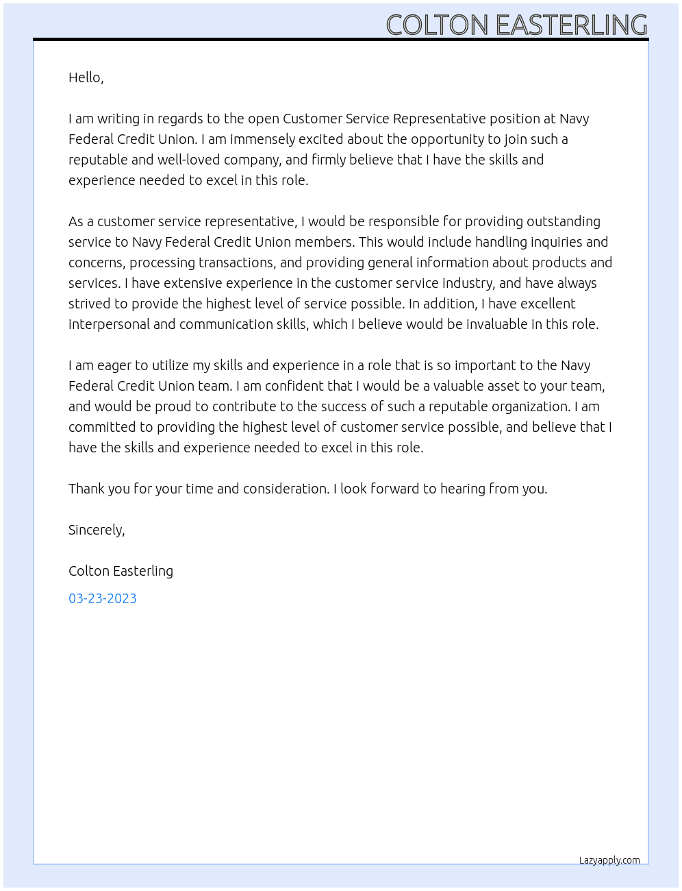 Customer Service Representative At Navy Federal Credit Union Cover Letter