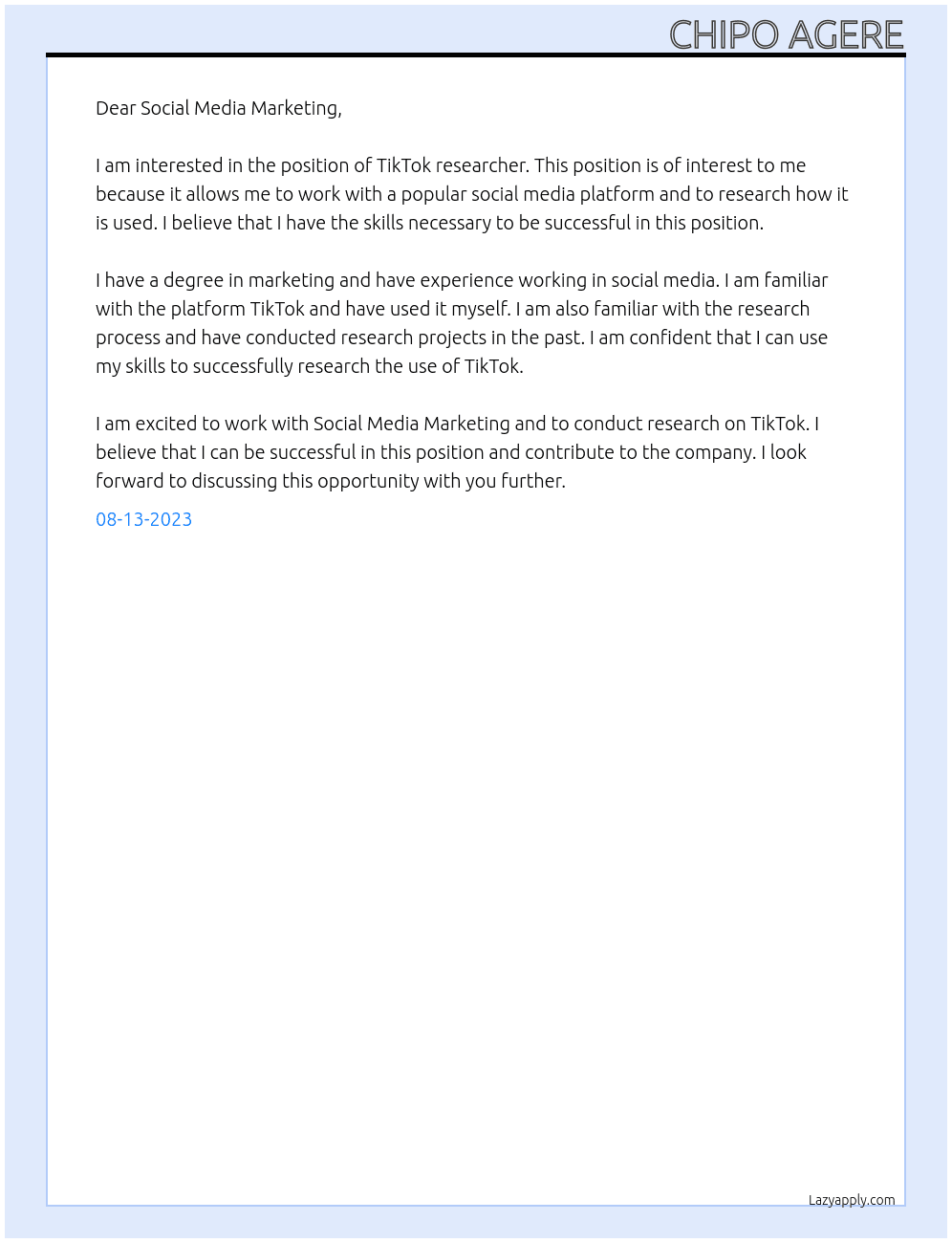 TikTok researcher At Social Media Marketing  Cover Letter