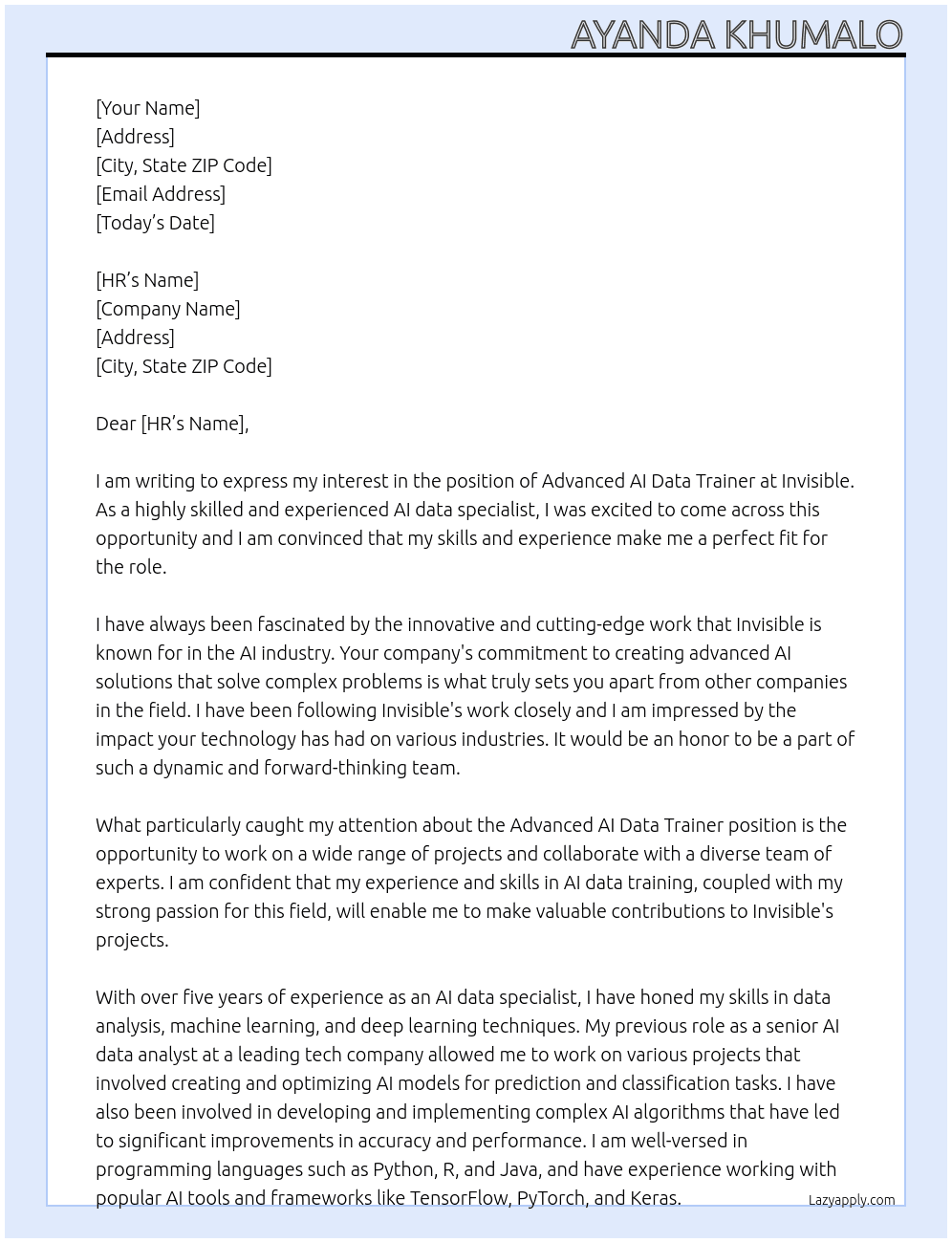 advanced AI data trainer At invisible  Cover Letter