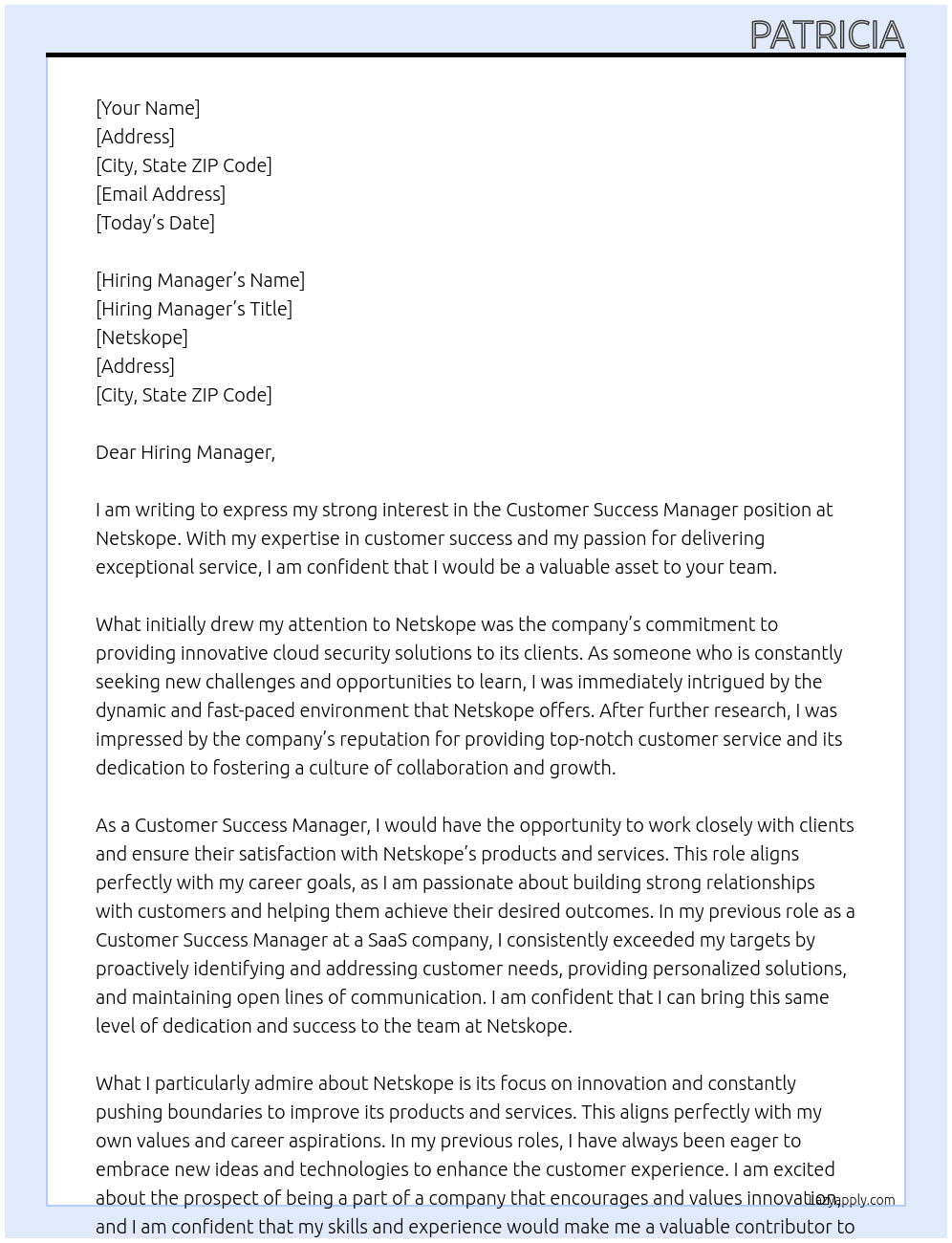 Customer Success Manager At Netskope Cover Letter