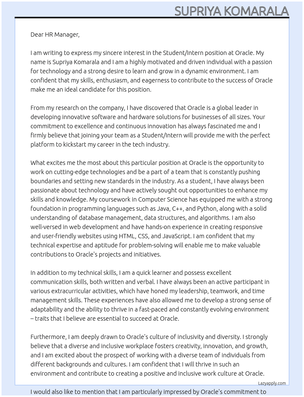 student/intern At oracle Cover Letter